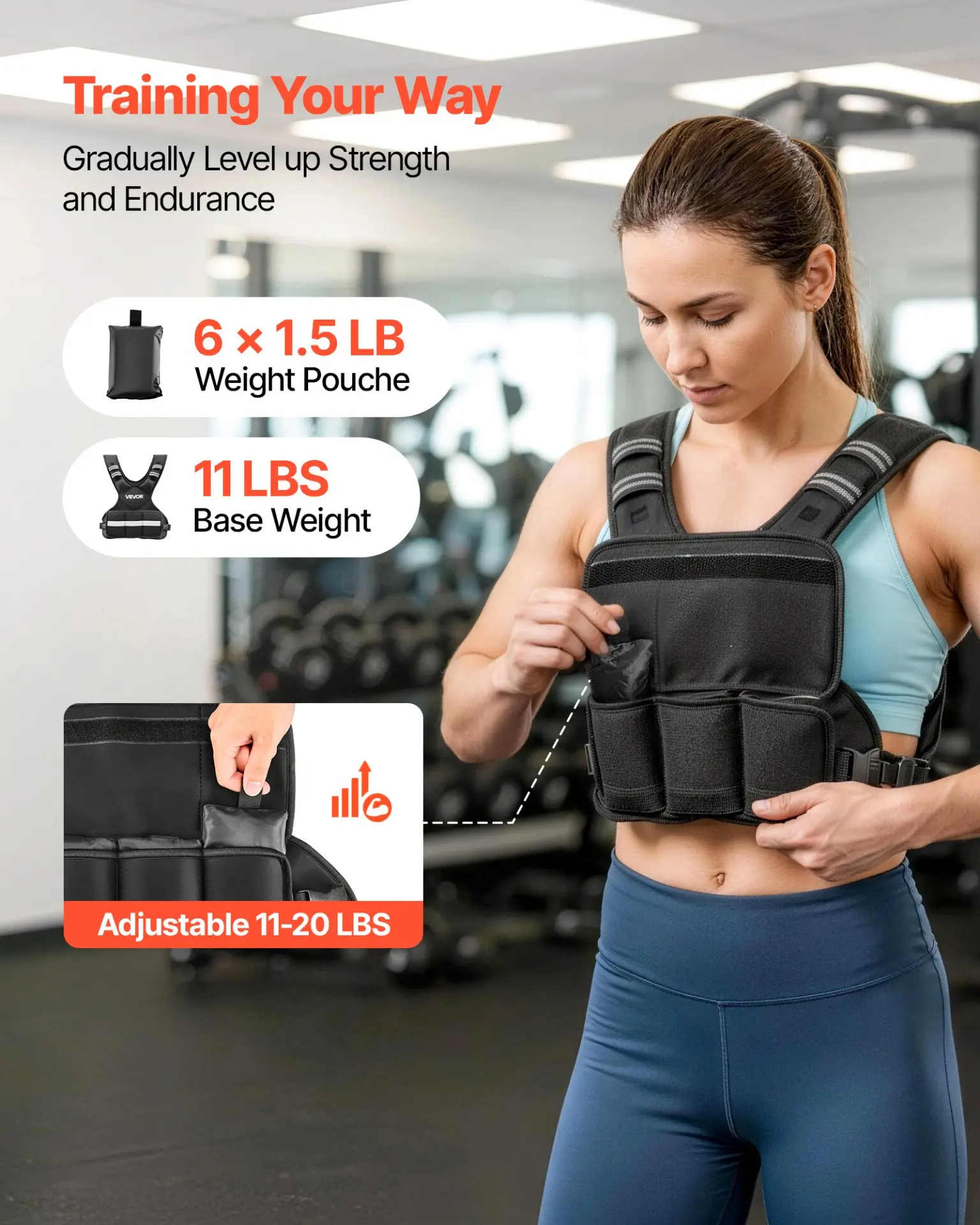 VEVOR Adjustable Weighted Vest, 11-20lb Weight Vest with 6 Ironsand Weights and Reflective Stripe, Body Weight Vest Exercise Set for Men Women, Workout Equipment for Strength Training Running Jogging - Image 11