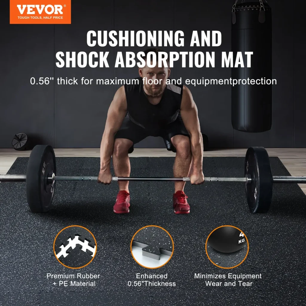 VEVOR 0.56 Inch Thick Gym Floor Mats, 6 Tiles Rubber Top with EVA Foam, 25" x 25" Gym Flooring Workout Mats with 25 sq.ft Coverage, Interlocking Puzzle Gym Mats for Gym, Home, Garage, Black & White