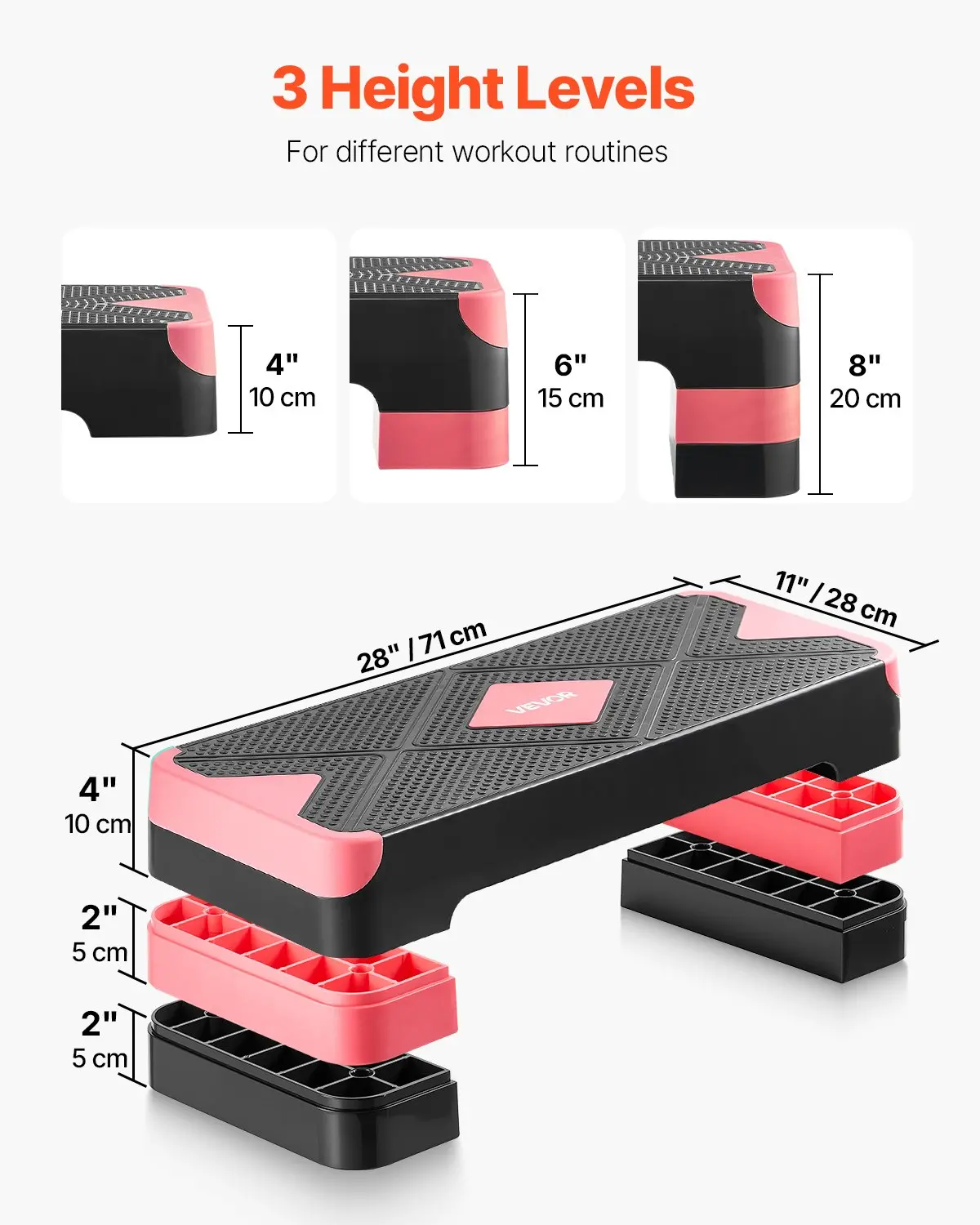 VEVOR Aerobic Exercise Step Platform, 28-Inch Workout Aerobic Stepper, Height Adjustable Fitness Training Step Deck Trainer with 4 Risers, Non-Slip Surface Bench for Home Gym Cardio Strength, Red - Image 3