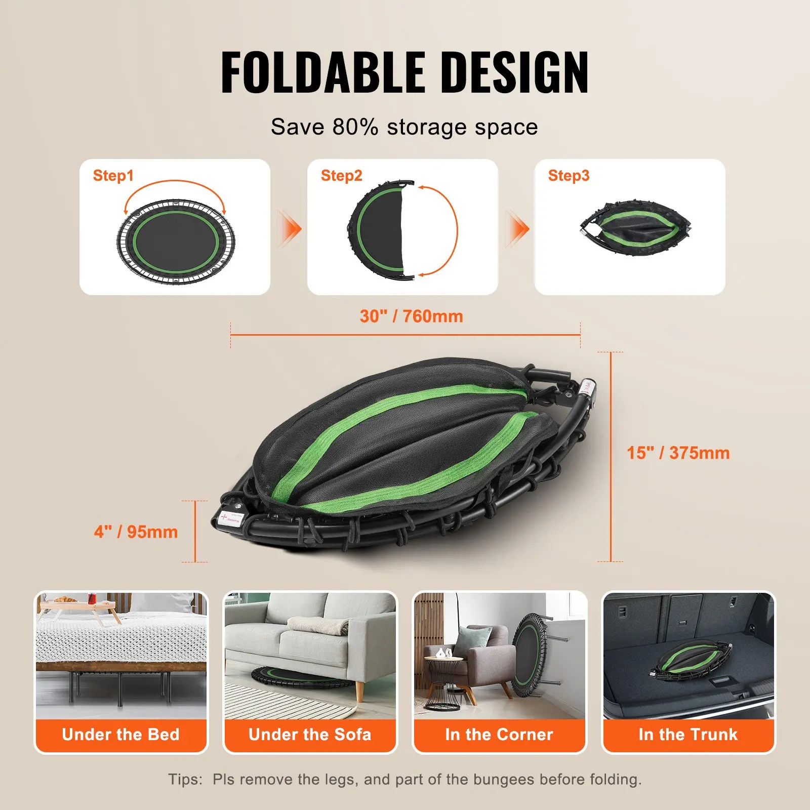 VEVOR Foldable Mini Trampoline, 40 Inch Fitness Rebounder, Max Load 330 lbs Exercise Trampoline, Stable & Quiet Indoor Small Workout Trampoline, Mini Trampoline for Adults Indoor/Garden Workout - Image 3