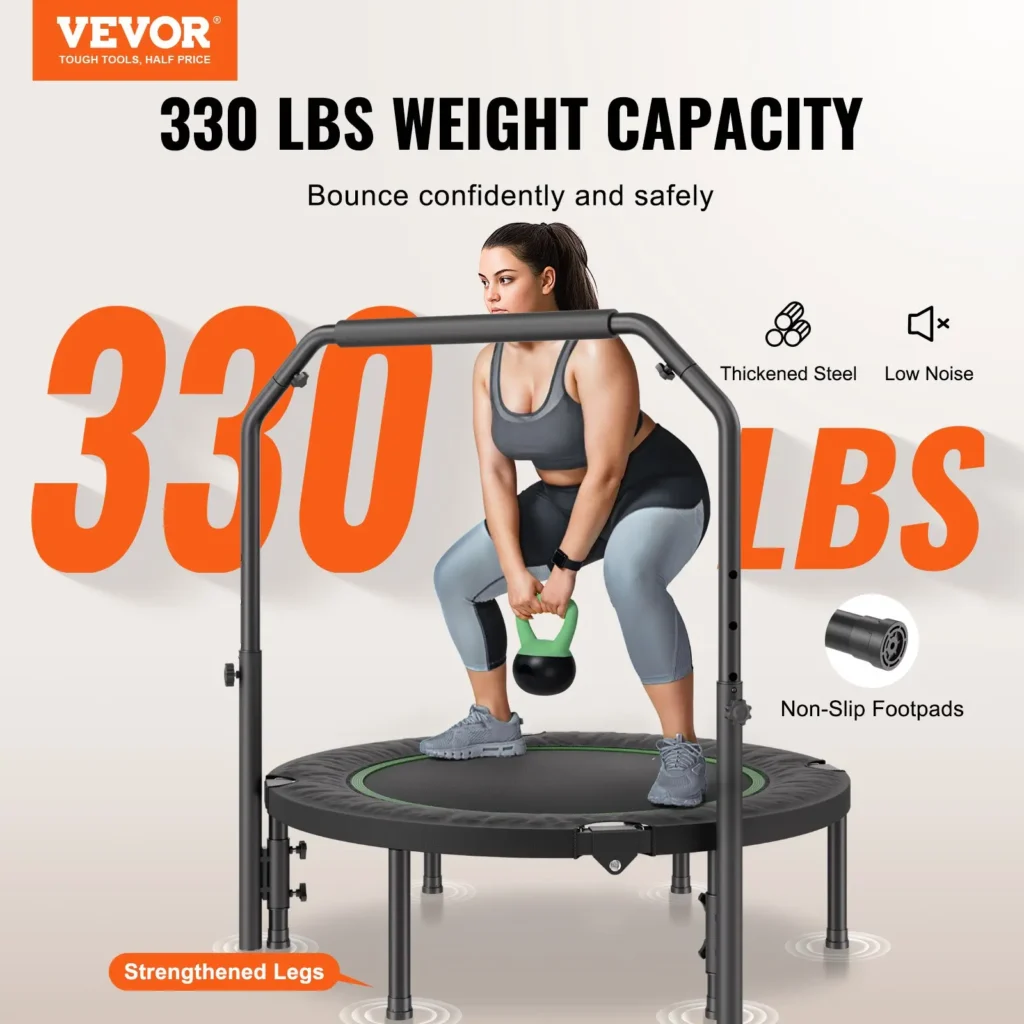 VEVOR Foldable Mini Trampoline, 40 Inch Fitness Rebounder, Max Load 330lbs Exercise Trampoline, Stable & Quiet Trampoline with 4 Level Height Adjustable Foam Handle, for Adults Indoor/Garden Workout