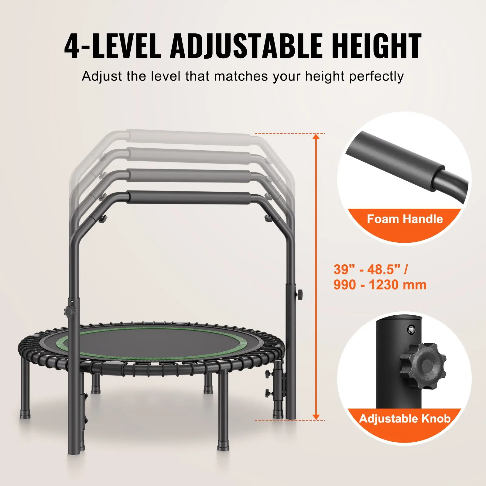 VEVOR Foldable Mini Trampoline, 40 Inch Fitness Rebounder, Max Load 330lbs Exercise Trampoline, Stable & Quiet Trampoline with 4 Level Height Adjustable Foam Handle, for Adults Indoor/Garden Workout - Image 3