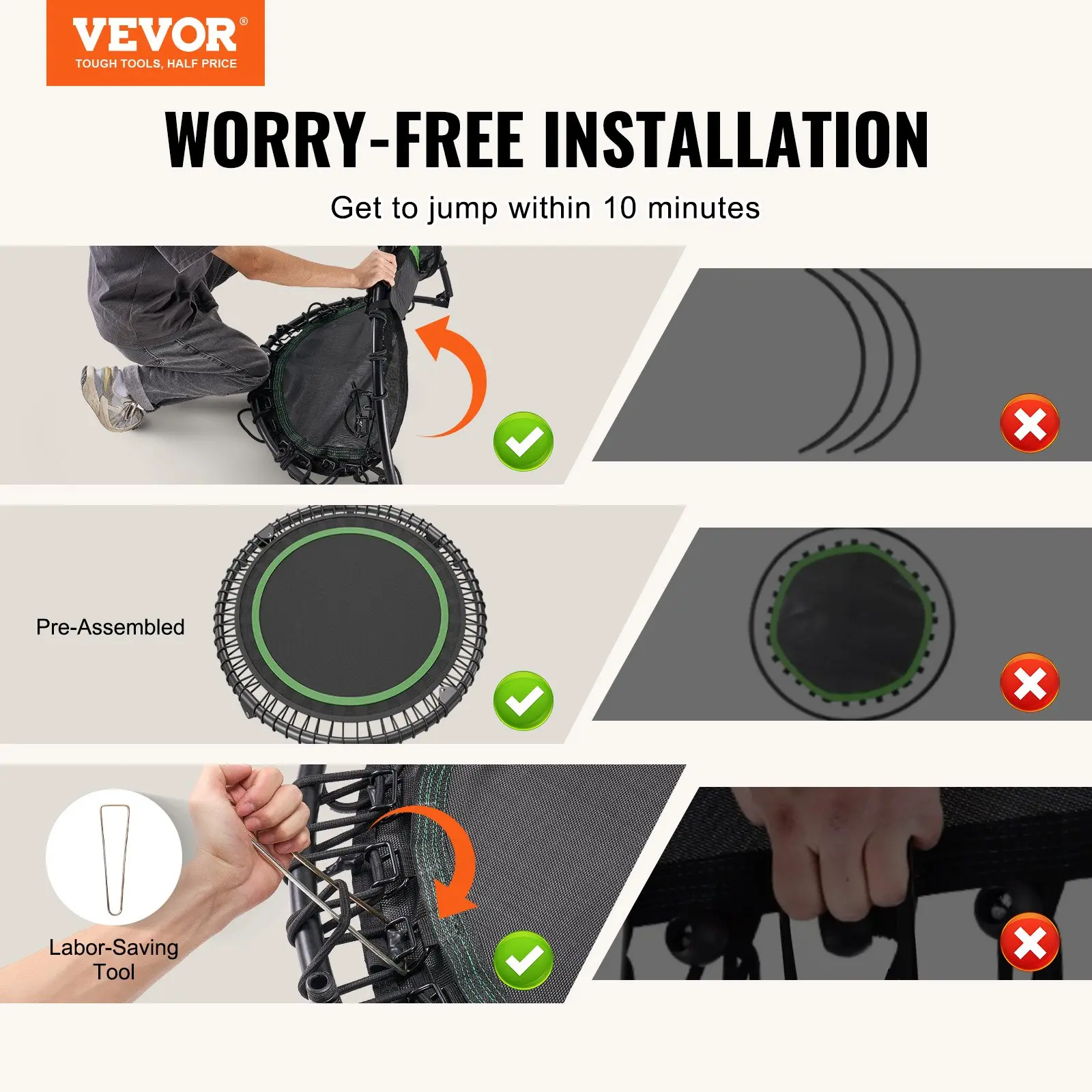 VEVOR Foldable Mini Trampoline, 40 Inch Fitness Rebounder, Max Load 330lbs Exercise Trampoline, Stable & Quiet Trampoline with 4 Level Height Adjustable Foam Handle, for Adults Indoor/Garden Workout - Image 6